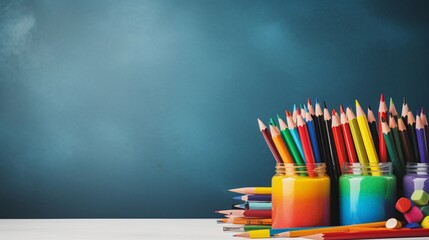 Obraz premium An overhead view of color pencils alongside other essential art supplies with space for text, like sketchbooks or brushes, creating a textured tableau of creativity. AI generated