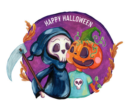 grim reaper boy and pumpkin boy celebrating Halloween, hand painted with gouache