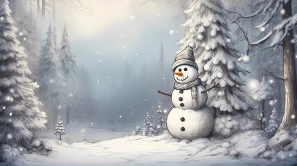 Obraz premium Enchanting winter scene: cute snowman, mixed media style, perfect for a Christmas banner with empty space
