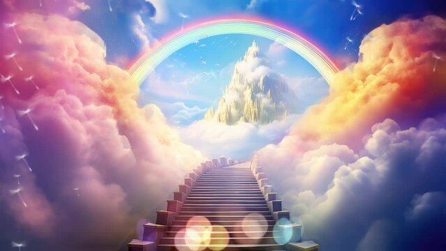 Stairway to Heaven: Amongst the Skies, Clouds, and the Radiant Rainbow. Seamless looping footage. Generated with Ai