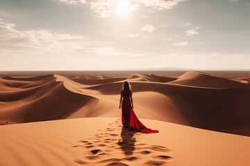 A beautiful girl in a red silk dress with a train stands in the middle of the desert and looks at the sunset. Banner. empty space - obrazy, fototapety, plakaty
