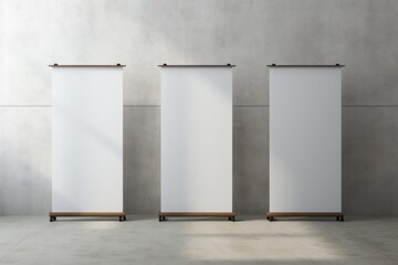 Iconic Minimalism: Three Blank Roll-Up Banners on Grey Background