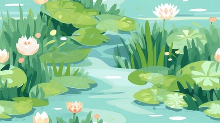 seamless repeatable pattern of pond full of flowers and lilly pads that can be repeated to create an endless pattern. generative A - obrazy, fototapety, plakaty