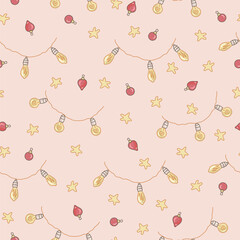 Seamless pattern with new year tree ornaments, garlands and stars. Vector illustration.