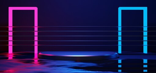 futuristic gaming esports background abstract wallpaper, cyberpunk style scifi game, stage concert scene in pedestal display room, led neon glow light, 3d illustration rendering