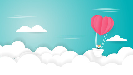 Fototapeta premium Valentines day greetings card with balloons flying with clouds vector.Heart hot air balloon flying.Love background.Cute paper cut design.posters,brochure,gift box.Paper cut style.Space for your text.