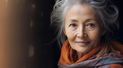 an old woman smiling and wearing a scarf - Powered by Adobe