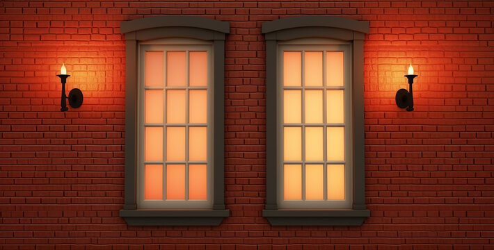 Fototapeta Flat red brick wall with two Victorian windows, lantern in the window. Generative Ai content