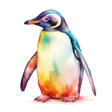 Colorful image of penguin, watercolor illustration isolated on white background