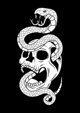 recommend clip art: Snake in skeleton head vector line art illustration black background
