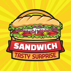 Sandwich Logo Design with Emblem and Ribbon