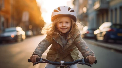 Foto op Canvas a Cute little girl in bicycle helmet having fun by riding bicycle. Cute kid in safety helmet biking outdoors. Generative Ai © tong2530
