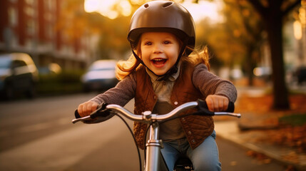 a Cute little girl in bicycle helmet having fun by riding bicycle. Cute kid in safety helmet biking outdoors. Generative Ai - obrazy, fototapety, plakaty