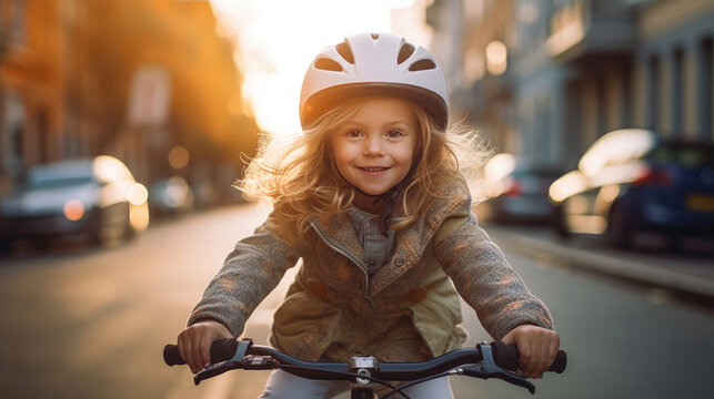 a Cute little girl in bicycle helmet having fun by riding bicycle. Cute kid in safety helmet biking outdoors. Generative Ai