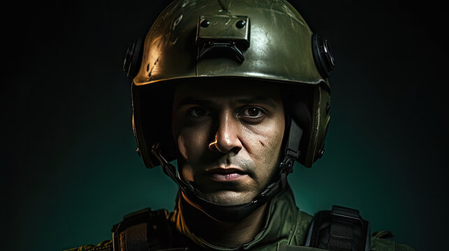 A Male Wearing Green Military Helmet. Generative Ai