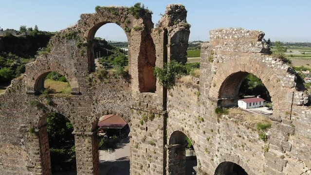 Aerial view of Aspendos aquduct remains. Ruins of aqueduct in Antalya, Turkey.