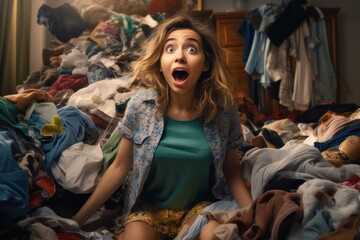 Surprised young girl around a pile of clothes and things, a mess in the room. The problem of overproduction and irrational consumption.   - obrazy, fototapety, plakaty