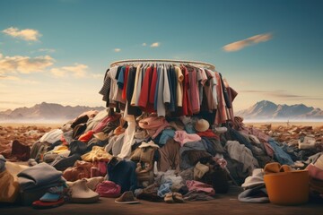 Huge piles of unnecessary clothes in the landfill. The problem of overproduction, irrational consumption and environmental pollution. - obrazy, fototapety, plakaty