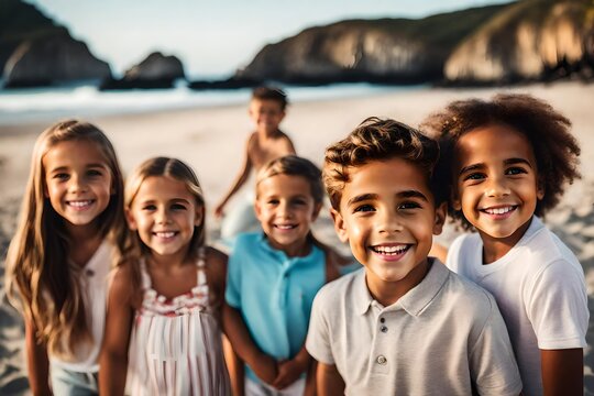 An image of a group of cute children on a beach on a bright sunny day.