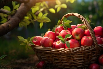 Photorealism of close up of fresh apple in a basket in field green plants with apple trees background