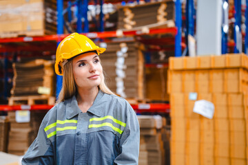 Factory manager, foreman worker checking stock inventory on good shelf in delivery storehouse of logistic storage warehouse, shipping distribution business, package box industry job for retail market