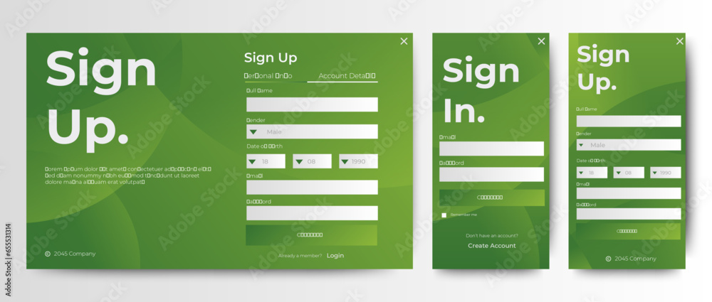 Poster modern login form template with green color background. mobile registration and login forms page. pr