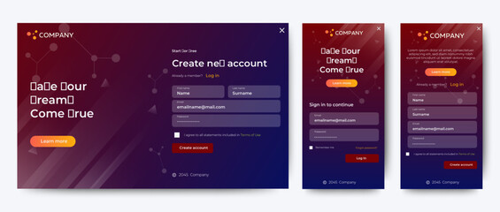 Sign Up and Sign In forms page template. Red and blue. User-friendly design materials. vector	