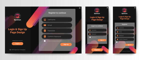 Set of Sign Up and Sign In forms. Black gradient. Mobile Registration and login forms page. Professional web design, full set of elements. User-friendly design materials. - obrazy, fototapety, plakaty