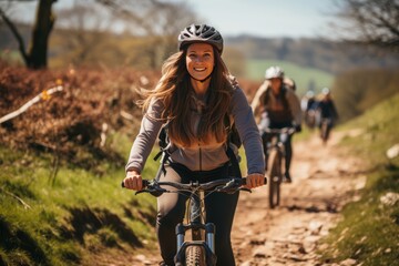 young woman mountain biking in the mountains on an autumn day - obrazy, fototapety, plakaty