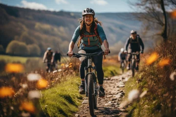 Tuinposter young woman mountain biking in the mountains on an autumn day © jechm