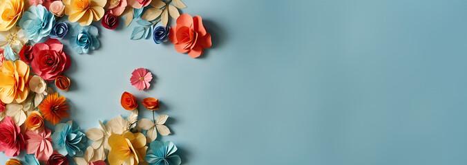 Fototapeta na wymiar Colourful handmade paper flowers on light blue background. Copy space