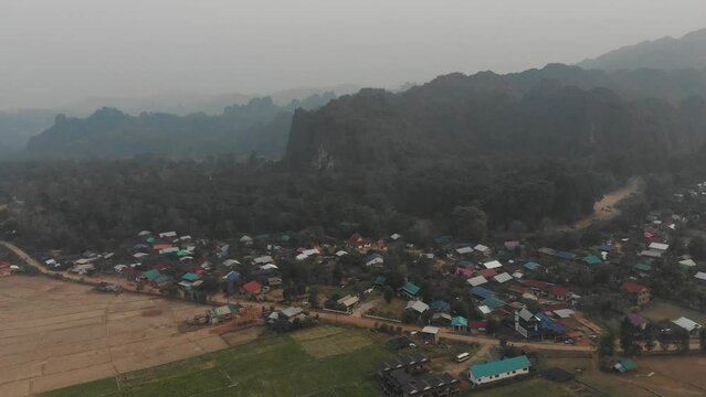 Wide view of Kong lor village at thakhek loop at Laos, aerial
