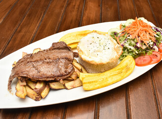 Typical food of Peruvian food, lomo saltado, anticuchos, cebiche, chaufaa rice