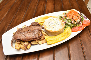 Typical food of Peruvian food, lomo saltado, anticuchos, cebiche, chaufaa rice