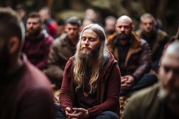 Fototapeta premium Meditative Man in Group Setting with Eyes Closed