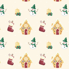Fototapeta na wymiar Seamless pattern with snowman and Christmas elements. Vector. Vector illustration