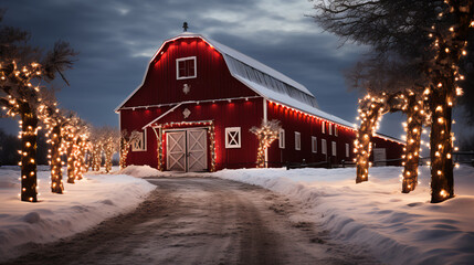 Christmas lights on red barn - vertical shot - holiday spirit - festive lights - country living  - obrazy, fototapety, plakaty