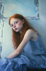 Fototapeta premium Outdoor portrait of a teenager with bright hair, pale skin, freckles and wearing a blue dress. Sitting in front of a blue wall. Serious expression.