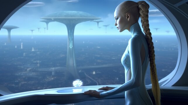 Pleiadian Alien Woman Watching From a Space Ship Window
