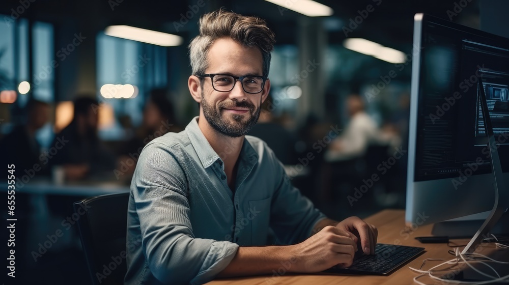 Poster Computer programmer working on new software program in office.