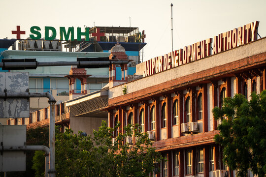 Dusk shot of Jaipur Development Authority building and SDMH santokba durlabhji hospital shot at dusk with golden light