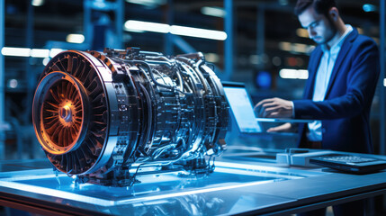 Scientist Developing a New Electric Motor Futuristic Jet Engine in a Research Facility. - obrazy, fototapety, plakaty