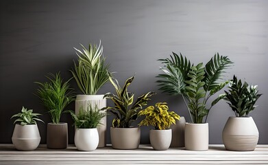 Fototapeta premium Several diverse plants in pots on a gray wall.