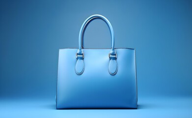 Women blue bag isolated on blue pastel background. Front view of genuine full grain leather lady shopping bag.