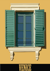 Colourful window with flowers and shutters. Venetian shutters.