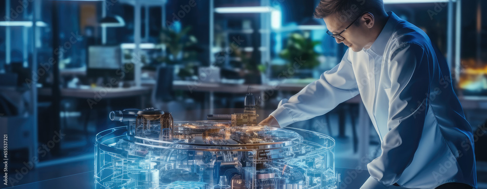 Aufkleber chief engineer designing engine works with holographic projection 3d model in high tech industry fac
