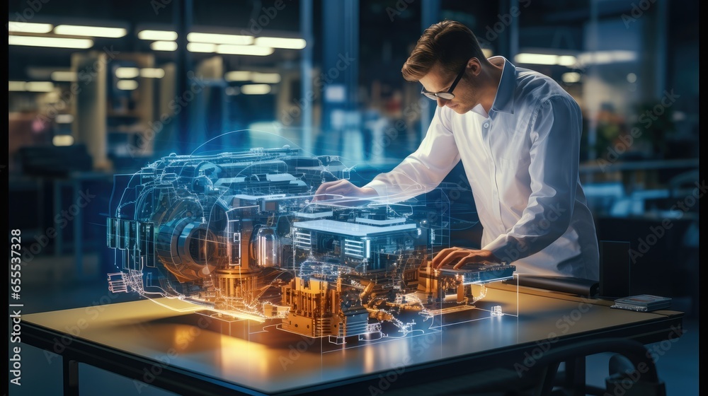 Leinwandbilder chief engineer designing engine works with holographic projection 3d model in high tech industry fac