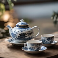 A teapot and teacup set with intricate Chinese porcelain patterns1