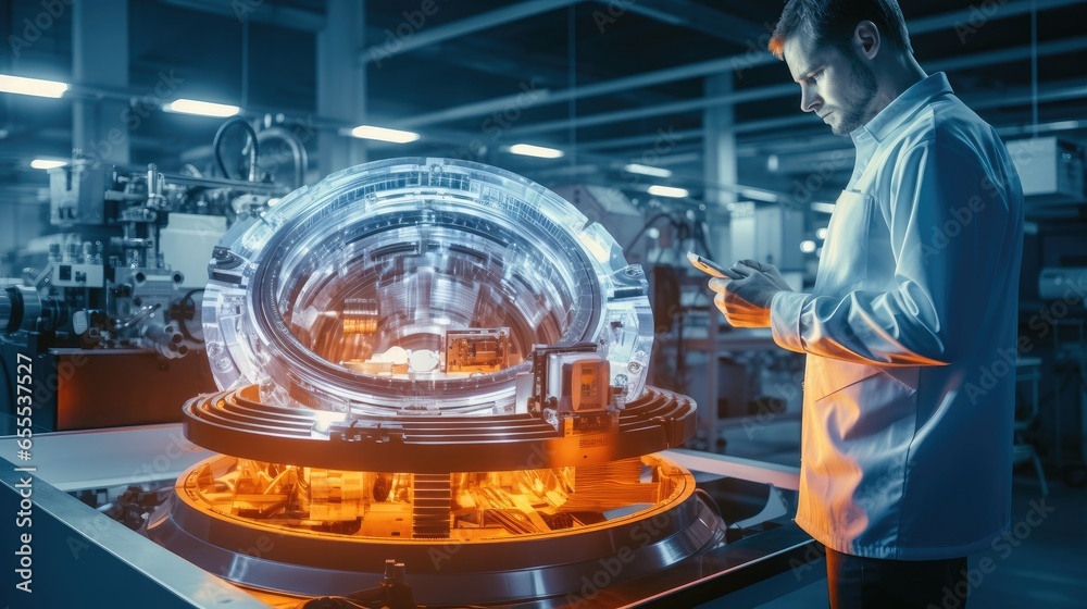 Fototapete professional engineer works with holographic projection 3d model of the engine turbine prototype in 