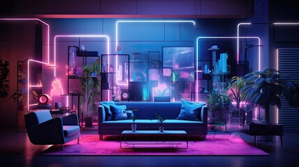 Concept art illustration of living room interior in cyberpunk style